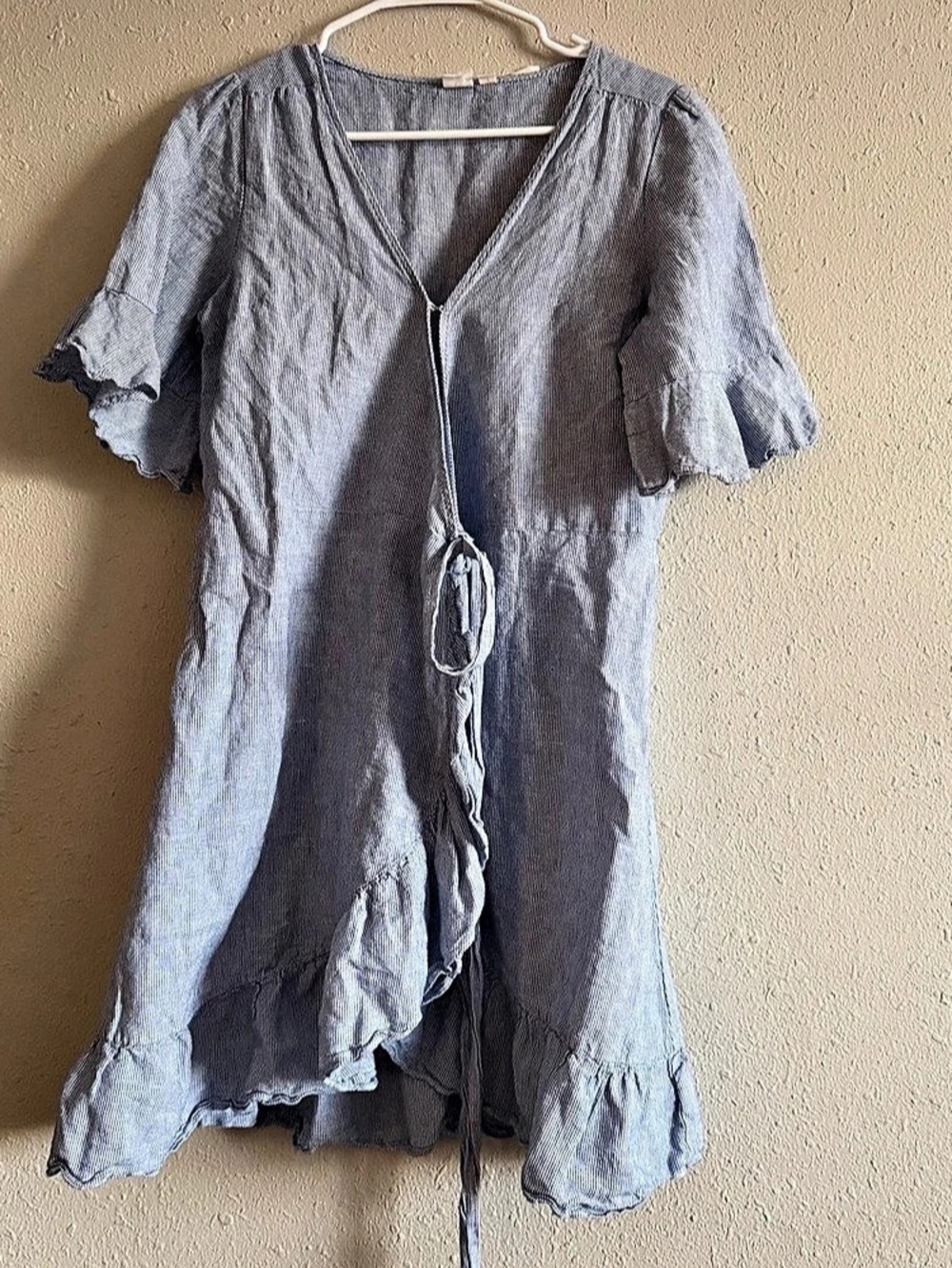 Gap Ruffle Wrap Dress in Linen-Cotton Striped Mini Dress Medium